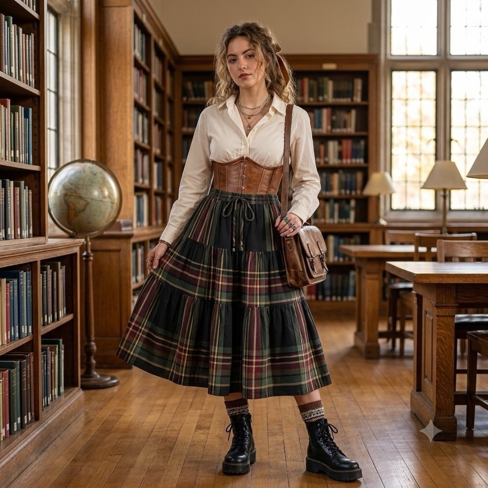 Le Mieux Skirt Womens 1X Plaid Broomstick Dark Academia Boho Preppy Y2K